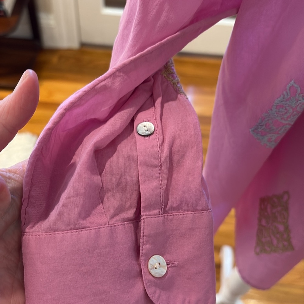 J. Jill Pink Cotton Button Down Tunic w/Embroidered Geometric Shapes. Size L. - Picture 3 of 11